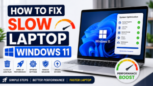Laptop displaying Windows 11 settings while optimizing system performance to improve speed.