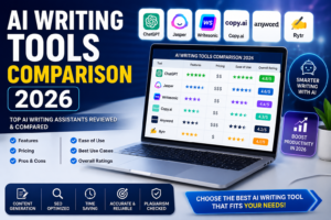 Comparison of leading AI writing tools in 2026 displayed on a laptop screen with modern productivity and SEO elements.